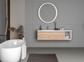 Modern,Bathroom,Interior,With,Concrete,Floor,,White,Oval,Bathtub,And