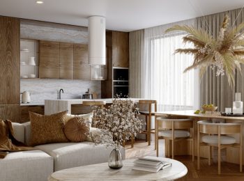 Open,Plan,Living,Room,Interior,With,Modern,Wood,Kitchen,,3d